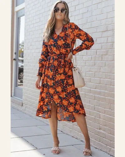 Fall Dresses Casual Orange Floral Print Faux Wrap, view 4