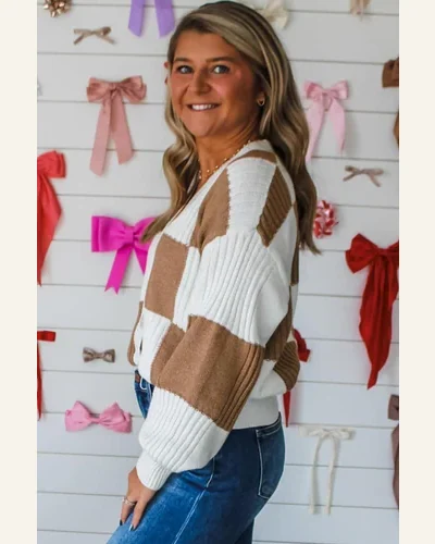 Casual Checkered Pattern Cardigan Sweater Ribbed Detail Button, view 2