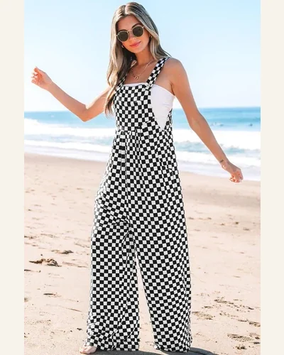 Casual Black Checkered Overalls Wide Leg Sleeveless High, view 3