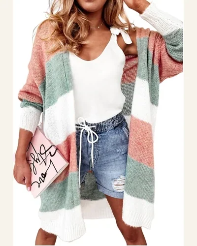 Cardigan Sweater Casual Green Colorblock Stripe Open-Front Cardigan, view 1