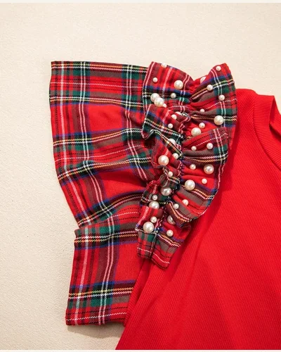 Ruffle Short Sleeve Summer Tops Plaid Pearl Crewneck, view 4