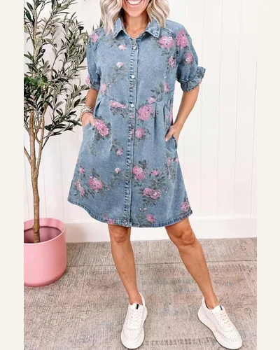 Casual Loose Floral Print Denim Dress Ruffle Short, view 3