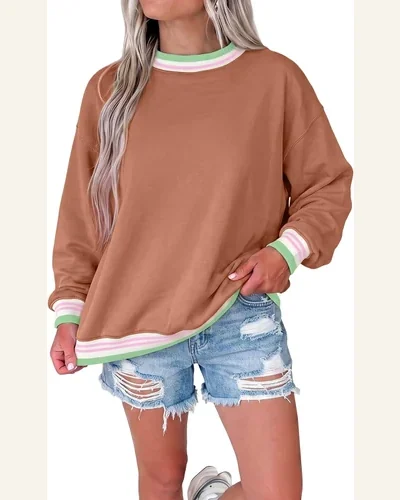 Casual Striped Trim Baggy Pullover Sweatshirt Straw, view 3