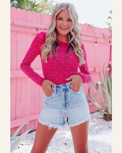 Bodysuit Casual Rose Rhinestone O-neck Long Sleeve Bodysuit, view 3