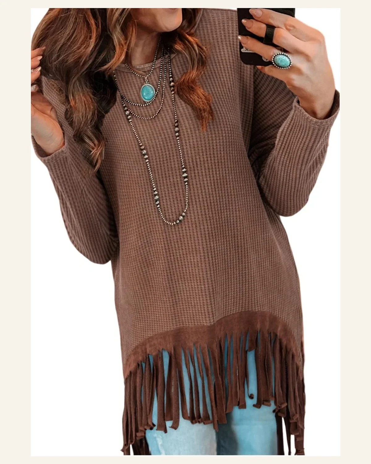 Tunic Tops Western Coffee Waffle Knit Fringed High by SELINK