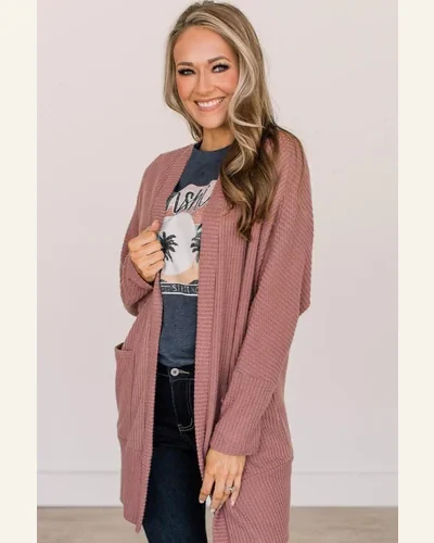Cardigan Sweater Casual Mineral Red Solid Color Waffle, view 4