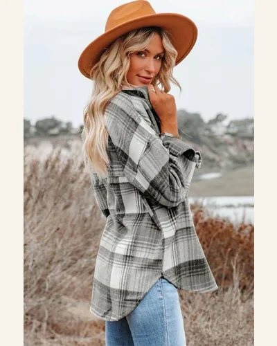 Shacket Jacket Casual Medium Grey Plaid Flap Pockets, view 3