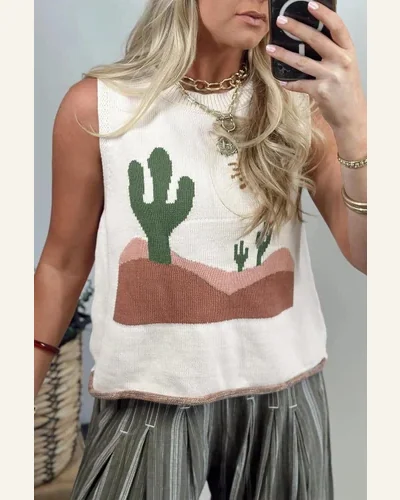 Western Print Tank Tops Basic Multicolour Cactus Oasis, view 2