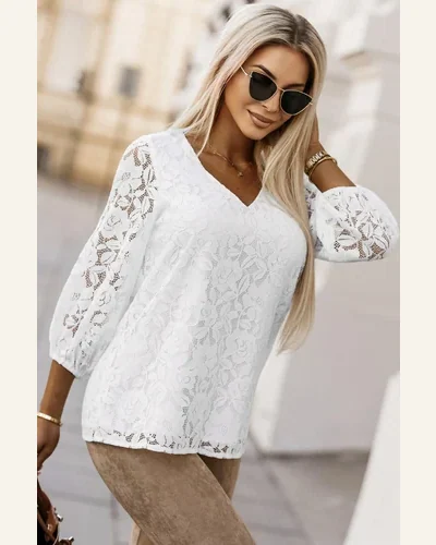 Tunic Tops Casual White Floral Lace Crochet Loose, view 4