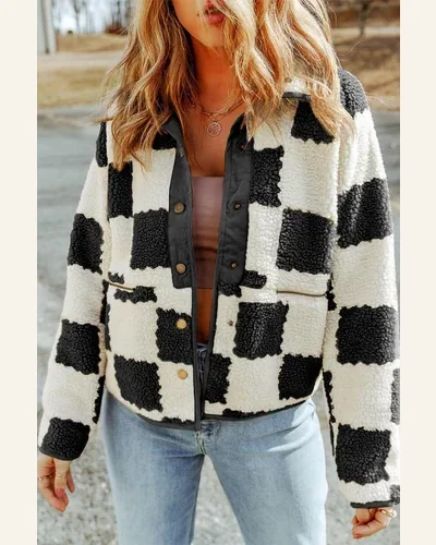 Casual Black Checkerboard Shacket Jacket Snap Button Boucle, view 2