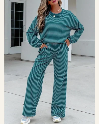 Striped Long Sleeve Tops Wide Leg Pants Comfy, view 3