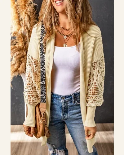 Cardigan Sweater Casual Apricot Crochet Lace Sleeve Ribbed, view 3