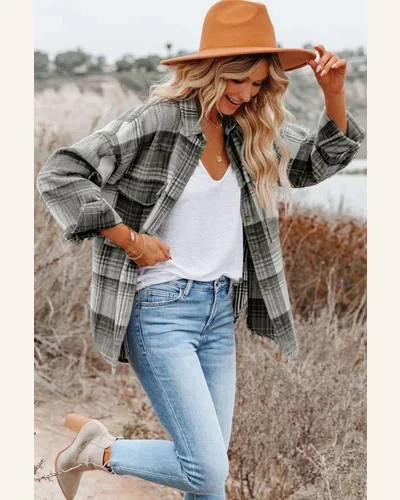 Shacket Jacket Casual Medium Grey Plaid Flap Pockets, view 4
