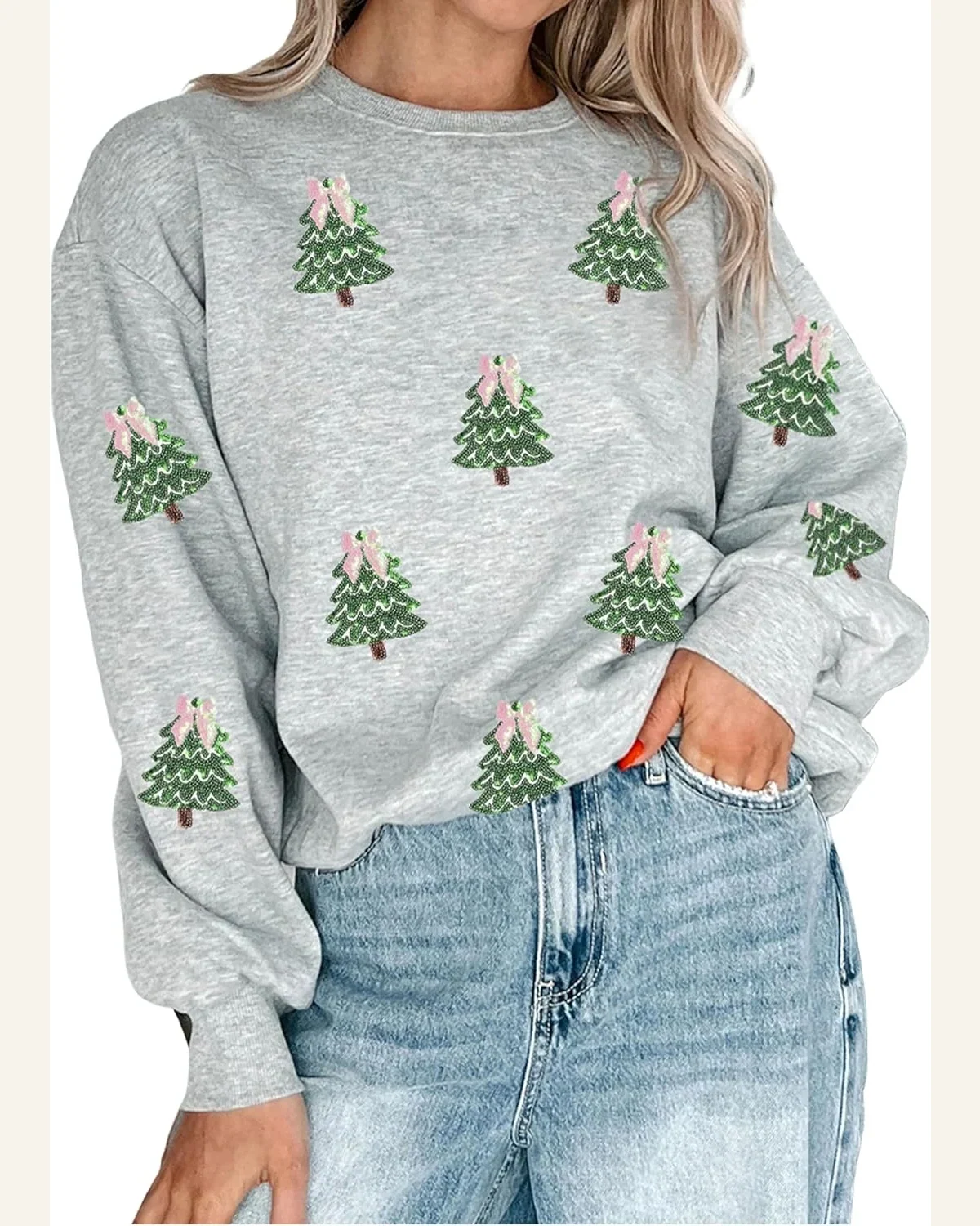 Crewneck Pullover Sweatshirt Tree Claus Candy Long Sleeve by SELINK