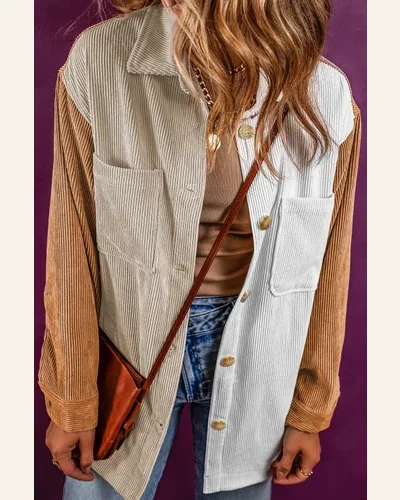 Shacket Jacket Casual Multicolour Corduroy Colorblock Loose Shacket, view 4