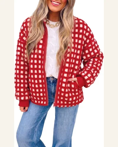 Casual Plaid Zip Up Long Sleeve Warm Coat, view 1