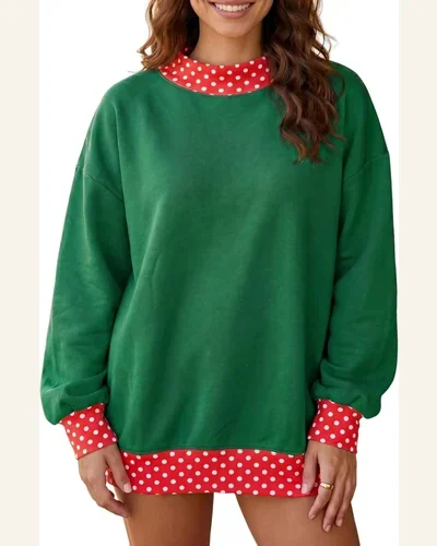Colorblock Polka Dot Oversized Sweatshirt Pullover Patchwork Tops, view 1