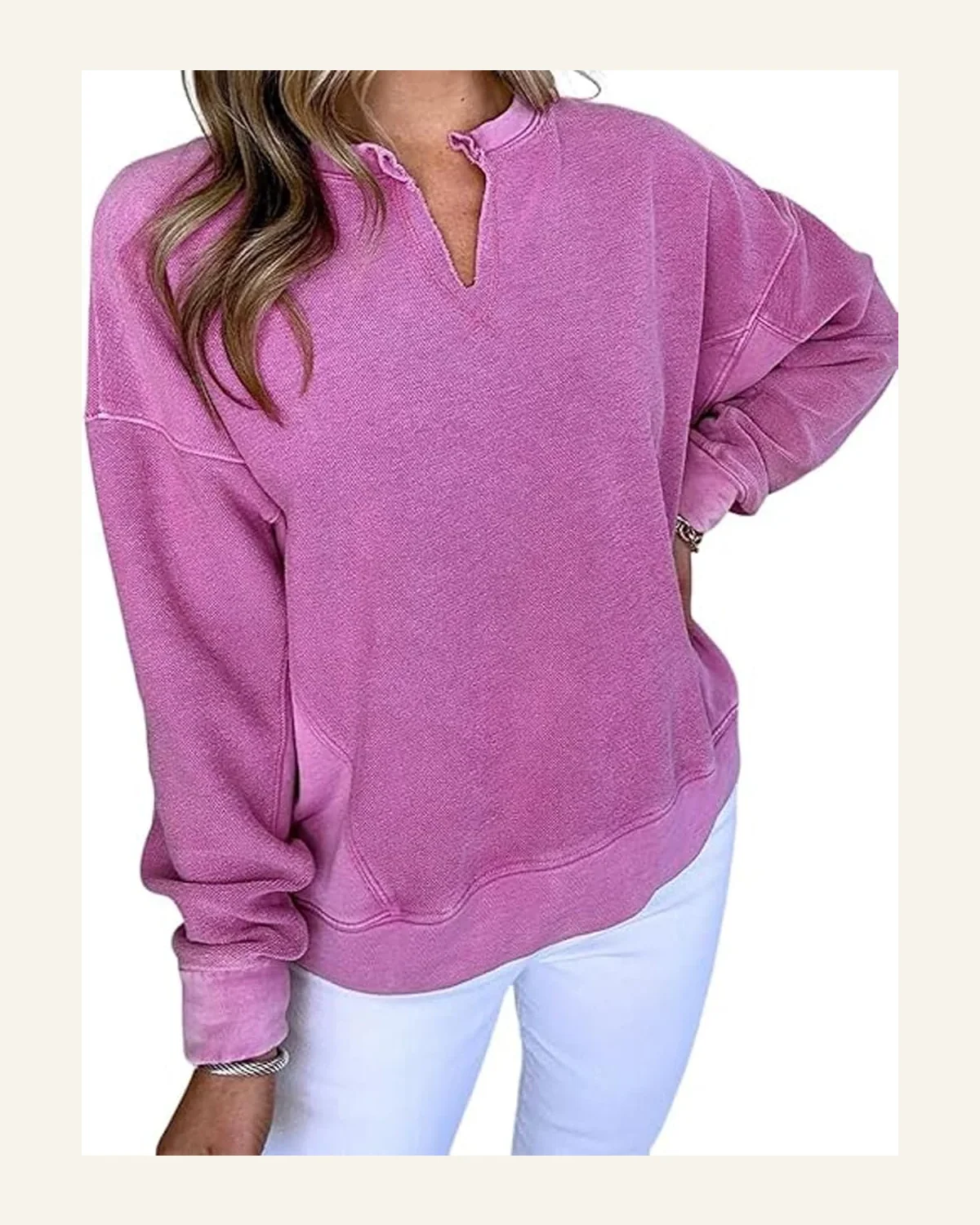 Casual Bright Pink Drop Shoulder Sweatshirts Solid Long by SELINK