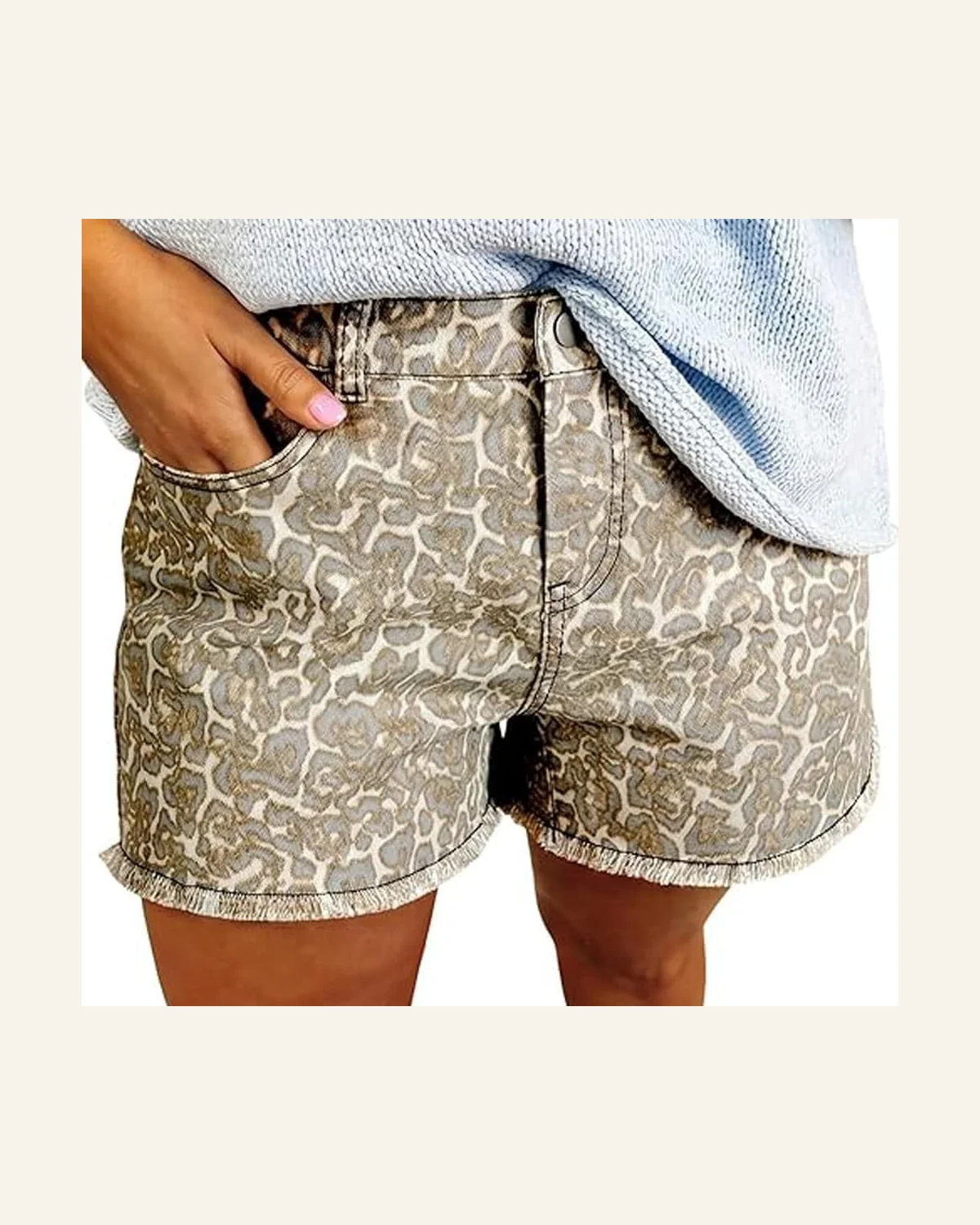 Casual Khaki Raw Edge Leopard Print Denim Shorts by SELINK
