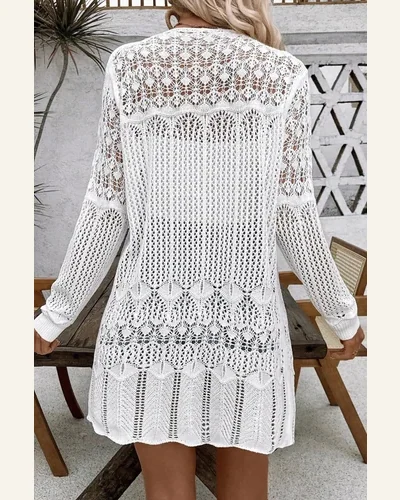 Cardigan Sweater Casual White Crochet Hollow Out Open, view 2