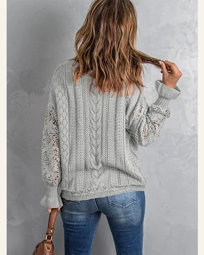 Pullover Sweater Tops Gray Crochet Lace Pointelle Knit, view 2