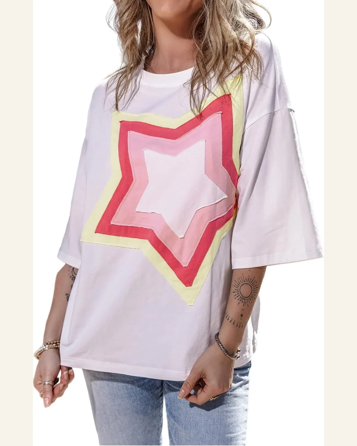 Short Sleeve T Shirt Casual White Colorblock Star by SELINK