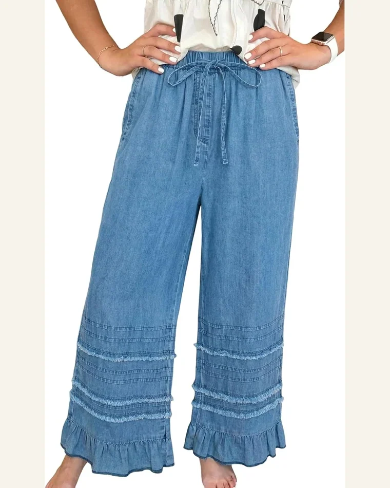 Wide Leg Jeans Tiered Ruffle Hem Cropped Elastic by SELINK