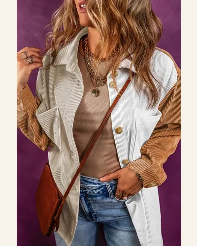 Shacket Jacket Casual Multicolour Corduroy Colorblock Loose Shacket, view 3