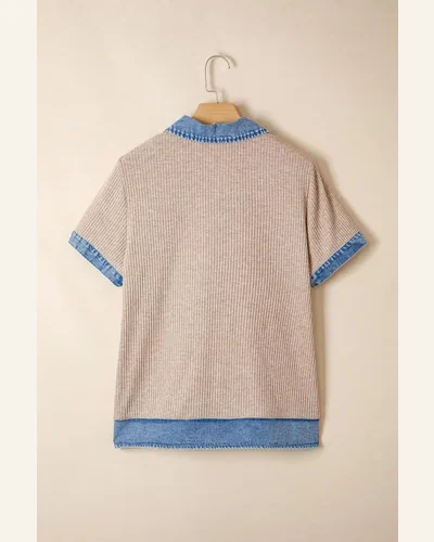 Denim Patchwork Tunic Top Ribbed Knit Button Blouse, view 4