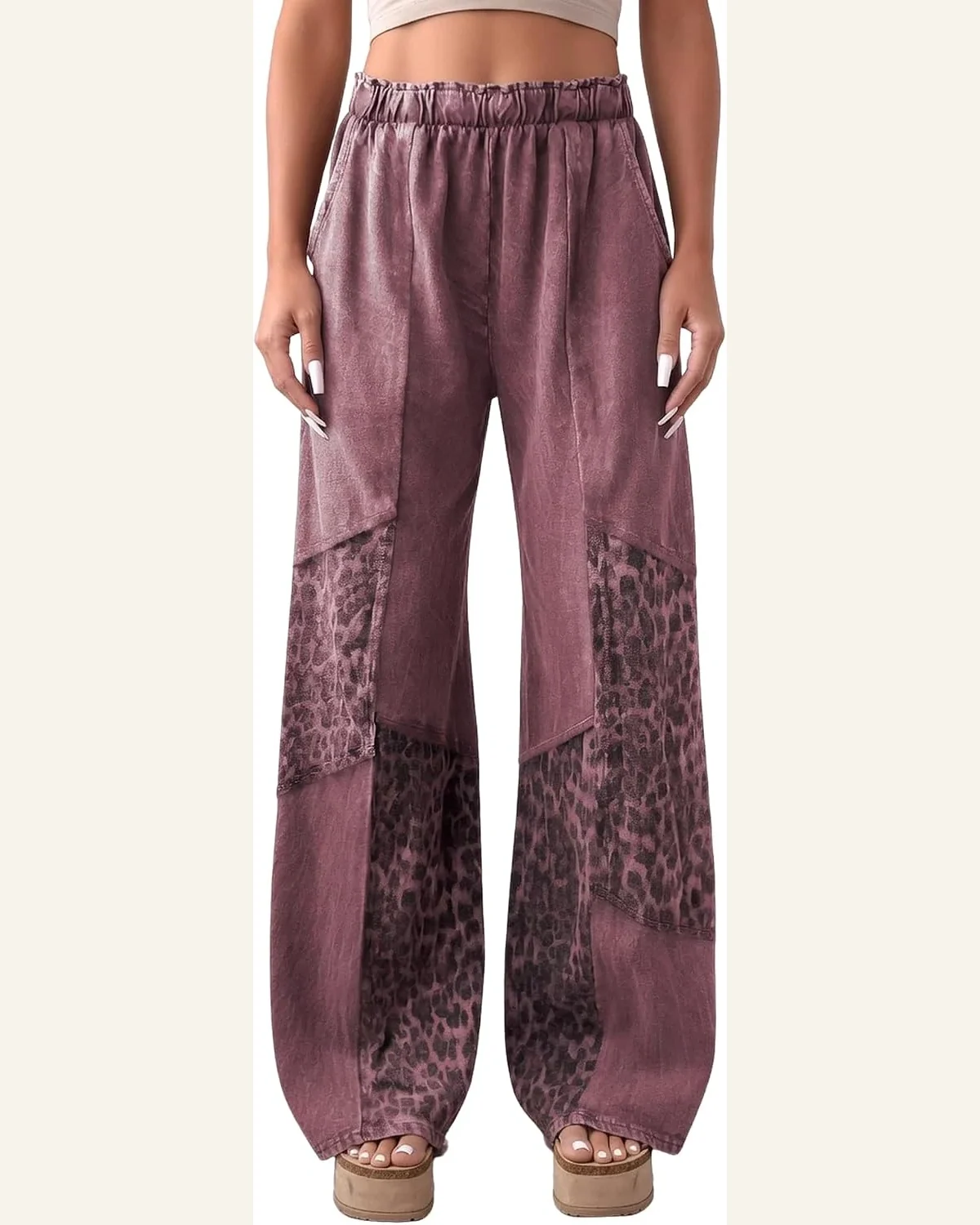 Leopard Patchwork Wide Leg Pants with Pockets by SELINK