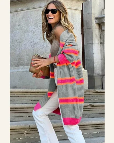 Cardigan Sweater Casual Medium Grey Stripe Printed Ribbed, view 2