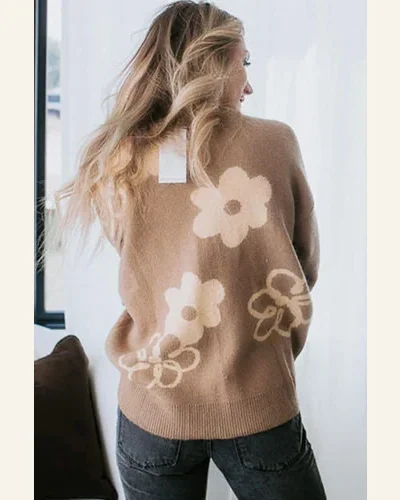 Pullover Sweater Tops Basic Camel Floral Drop Shoulder, view 2