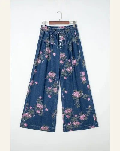 High Waisted Jeans Blue Retro Floral Tie Elastic, view 3