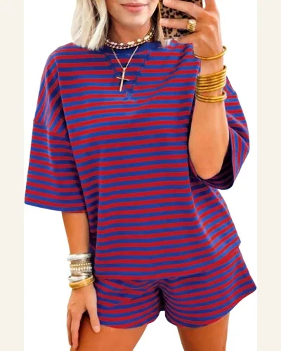 2 Piece Shorts Set Striped Ribbed Summer Outfits, view 1