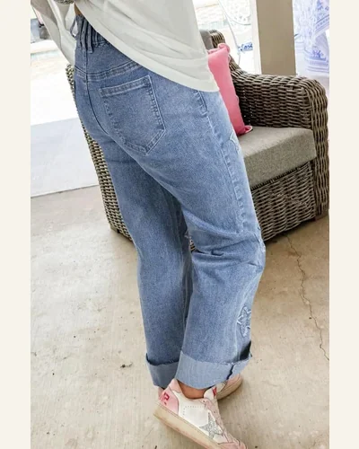Casual Dusk Blue Foiled Star Patchwork Jeans, view 2