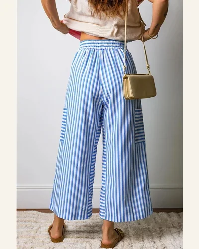 Striped Wide Leg Pants Drawstring Elastic Casual Trousers, view 2