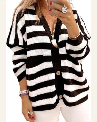 Casual Cardigan Sweater Black Textured Knit Buttoned Drop, view 1