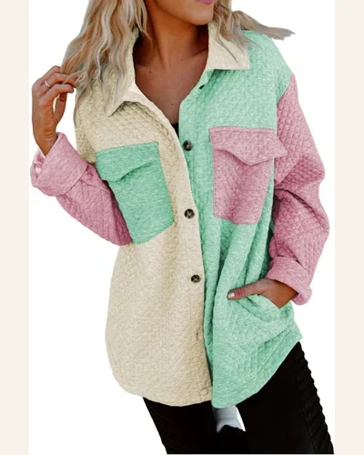 Shacket Jacket Casual Green Color Block Patchwork Flap, view 1