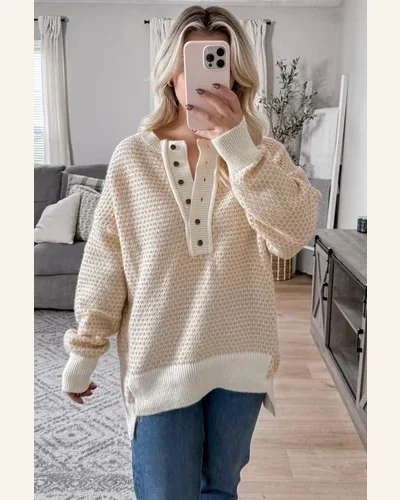 Casual Oatmeal Contrast Ribbed Pullover Sweater Henley Button, view 3