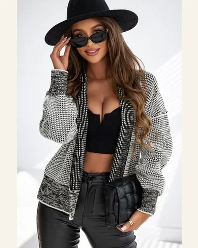 Cardigan Sweater Casual Grey Plaid Contrast Trim Open, view 4
