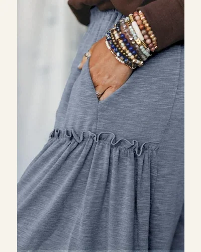 Casual Pants Frilled Detail Straight Wide Leg Elastic, view 4
