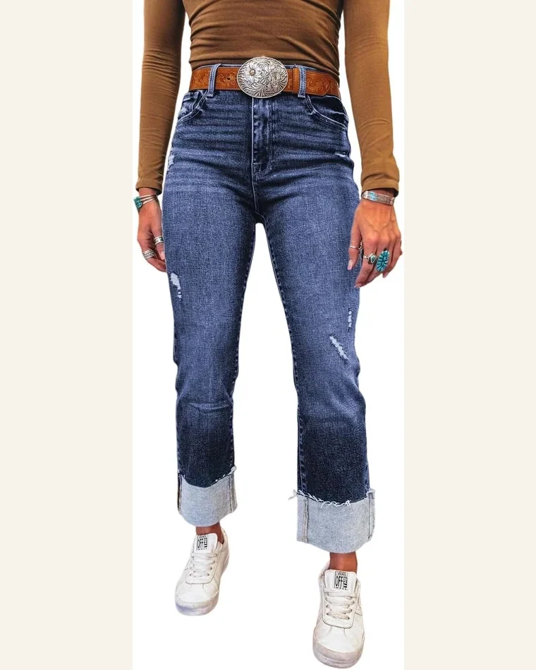 Western Real Teal Folded Cuffs Distressed Jeans by SELINK