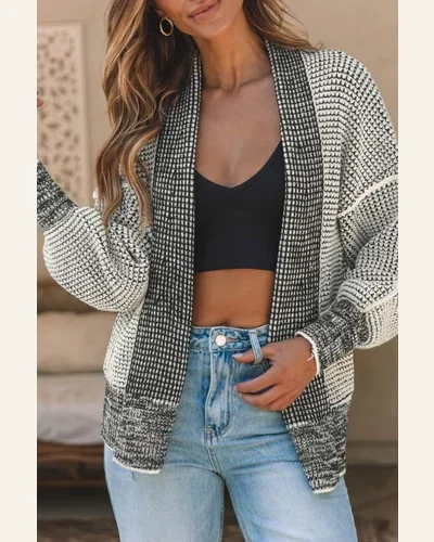 Cardigan Sweater Casual Gray Chunky Waffle Knit Oversized, view 4
