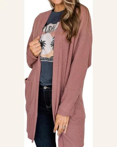Cardigan Sweater Casual Mineral Red Solid Color Waffle, view 1