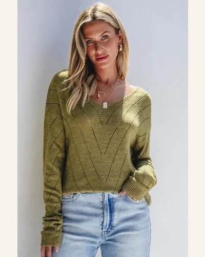 Pullover Sweater Tops Casual Sage Green Solid Eyelet, view 4