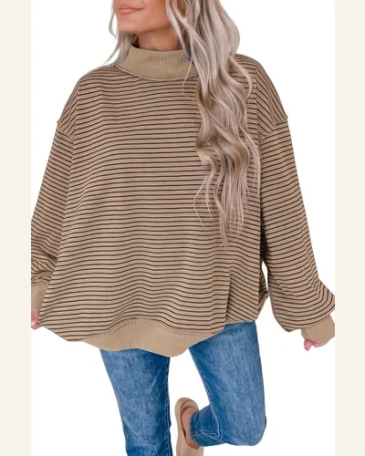 Stripe Mock Neck Oversized Pullover Sweatshirt, view 1