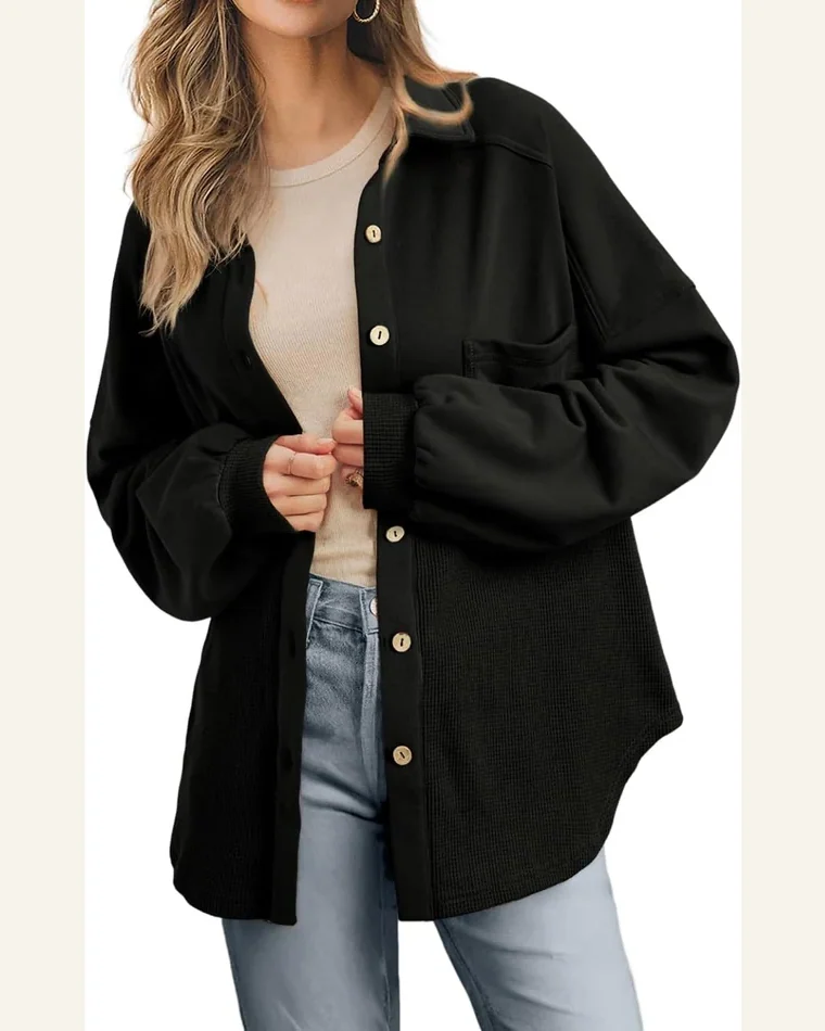 Shacket Jacket Casual Black Waffle Knit Patchwork Buttoned by SELINK