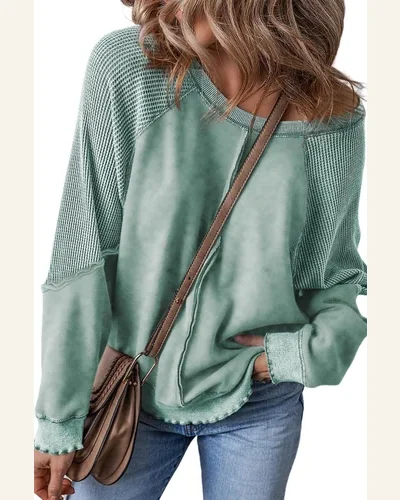 Casual Mineral Blue Waffle Knit Sweatshirts Solid Patchwork, view 1