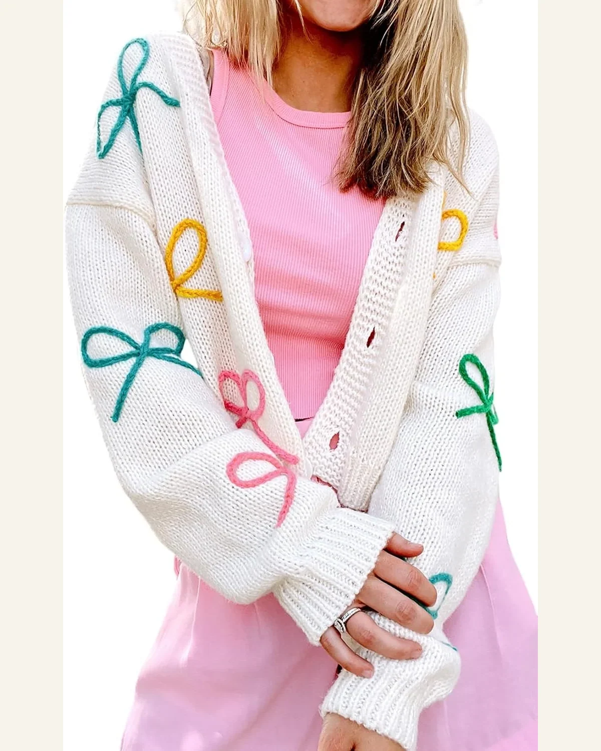 Cardigan Sweater Elegant White Bowknot Drop Shoulder Knitted by SELINK