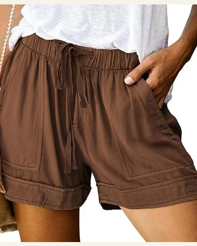 Casual Loose Brown Strive Tencel Shorts with Pocket, view 1